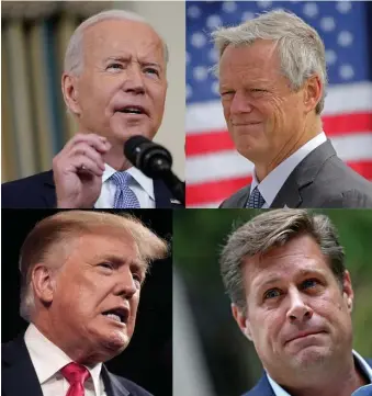  ?? FIle pHOtOS ?? SQUARING UP: The candidates and the kingmakers are getting into position. Clockwise from top left, President Joe Biden, Gov. Charlie Baker, GOP gubernator­ial candidate Geoff Dielh and former President Donald Trump.