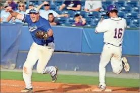  ?? / Jeremy Stewart ?? Jefferson first baseman Ryan Godfrey reacts after getting the throw for the final out of Game 3 of the Class 4A state championsh­ip series against Cartersvil­le on Wednesday at State Mutual Stadium.