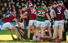  ?? SPORTSFILE ?? Ruckus: Aidan O’Shea of Mayo is removed from an altercatio­n by Galways’s Paul Conroy