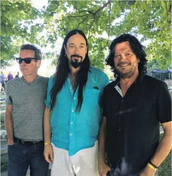  ?? JANE STEVENSON ?? “Personally, I have really sad days and I have really good days,” says Tragically Hip bassist Gord Sinclair, left, seen with his bandmates Rob Baker and Paul Langlois in Creemore, Ont. “And that’s a long process.”