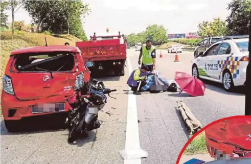  ??  ?? LOKASI kemalangan maut di Kilometer 218, Lebuhraya Utara-Selatan (PLUS) arah selatan, semalam.