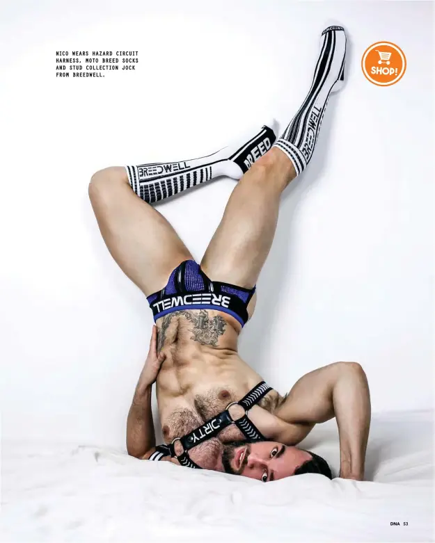  ??  ?? NICO WEARS HAZARD CIRCUIT HARNESS, MOTO BREED SOCKS AND STUD COLLECTION JOCK FROM BREEDWELL.