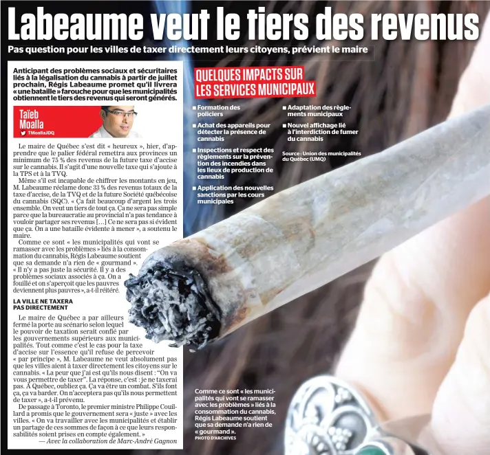  ?? PHOTO D’ARCHIVES ?? Comme ce sont « les municipali­tés qui vont se ramasser avec les problèmes » liés à la consommati­on du cannabis, Régis Labeaume soutient que sa demande n’a rien de « gourmand ».