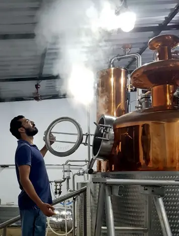  ??  ?? Anand Virmani, founder of
Greater Than London Dry Gin, stands next to a copper pot still at Blue Ocean distilleri­es in Goa. Right: Himalayan juniper is the key botanical in Hapusa gin.