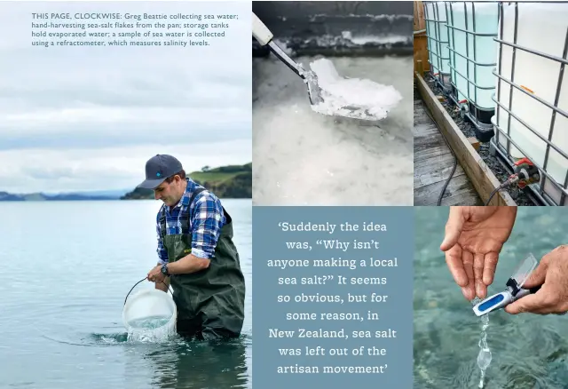  ??  ?? THIS PAGE, CLOCKWISE: Greg Beattie collecting sea water; hand- harvesting sea- salt flakes from the pan; storage tanks hold evaporated water; a sample of sea water is collected using a refractome­ter, which measures salinity levels.