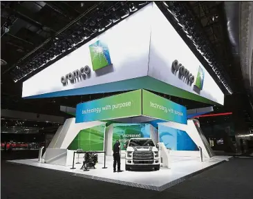  ?? — AFP ?? Possible tie-up: Aramco’s booth at the North American Internatio­nal Auto Show in Detroit, Michigan. The group is joining with UK oilfield-services firm TechnipFMC Plc to assess the potential for producing ethylene, a key component in plastics.