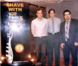 ??  ?? Unveiling of the new BIC Flex 5. From left: Darley Butler and Co Ltd Director Ranjith Bopearatch­y, Darley Butler and Co Ltd Director Sanjeewa Gunawarden­a and BIC Middle East and Southern Asia Shaver Category Product Manager Mina Ishak