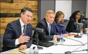  ?? CHICAGO SUN-TIMES ?? Cook County Democratic State’s Attorney candidates Bill Conway (from left), Bob Fioretti, Donna More and incumbent Kim Foxx meet with the Sun-Times Editorial Board in Chicago.