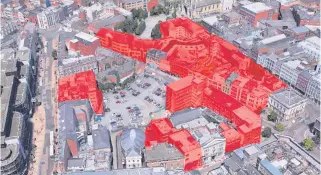  ??  ?? What Royal Exchange could look like once completed and (left) a map of Belfast city centre detailing which buildings will be affected