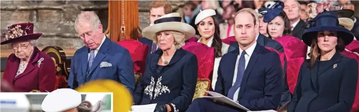  ??  ?? Glum: The Queen, Prince Charles, Camilla, William and Kate with a rather more cheery Meghan behind them