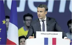  ?? DAVID VINCENT/THE ASSOCIATED PRESS ?? Independen­t centrist candidate Emmanuel Macron delivers his speech during a meeting in Nantes, western France, Wednesday. Polls suggest Macron has a good chance of coming out on top of Sunday’s first round and reaching the May 7 runoff.