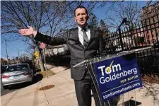  ?? Arnold Gold/Hearst Connecticu­t Media ?? Tom Goldenberg holds a news conference on Tuesday on Congress Avenue in New Haven between an APT Foundation methadone clinic and the John C. Daniels School of Internatio­nal Communicat­ion.