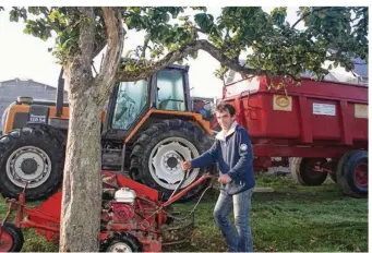  ??  ?? Avec sa pétrolette, Stéphane Lequertier ramasse entre 3 et 4 tonnes de pommes à la journée sur du haute tige et 30 à 40 tonnes en verger basse tige.