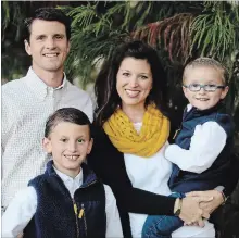  ?? PHOTO BY REBECCA HELTON ?? Josh and Laura Ledbetter with their sons Cooper, 9, and Grayson, 5. Grayson has a rare neurologic­al disorder called Alexander disease.