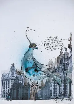  ??  ?? ‘Liverpool Pigeon,’ 2011; painting by Ralph Steadman from his ‘Extinct Boids’ series