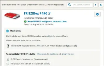  ??  ?? Alle Infos auf einen Blick: Die Startseite von Myfritz.net informiert Sie auch über verfügbare Firmwareup­dates für die angemeldet­e Fritzbox und andere Avm-geräte im Heimnetz.