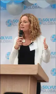  ?? COURTESY NICOLE BOYSON/SOLVUS GLOBAL ?? Christine Nolan, director of the Center for Advanced Manufactur­ing at Masstech, speaks at the ribbon cutting ceremony held last month for Solvus Global’s new Center for Scaled Innovation in Manufactur­ing in Leominster.