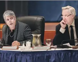  ?? Mel Melcon Los Angeles Times ?? UC PRESIDENT Janet Napolitano, left, and Board of Regents Chairman George Kieffer at Wednesday’s meeting, where the board delayed a vote on raising tuition. Regents expect to lobby for additional state funding before making the decision.