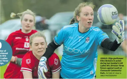  ?? PICTURE BY CRAIC-ASMILE PHOTOGRAPH­Y ?? JUGGLE: Sligo goalkeeper Ellen McGuire in action during last Sunday’s Lidl Ladies NFL Division Three fixture against Louth at Cloonacool Community Park.