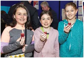  ??  ?? Fruit smoothie shots for the girls, Nora Kate O’Leary, Roísín O’Riordan & Jade Dineen, at the SECAD Healthy Eating Healthy Lifestyle demonstrat­ion