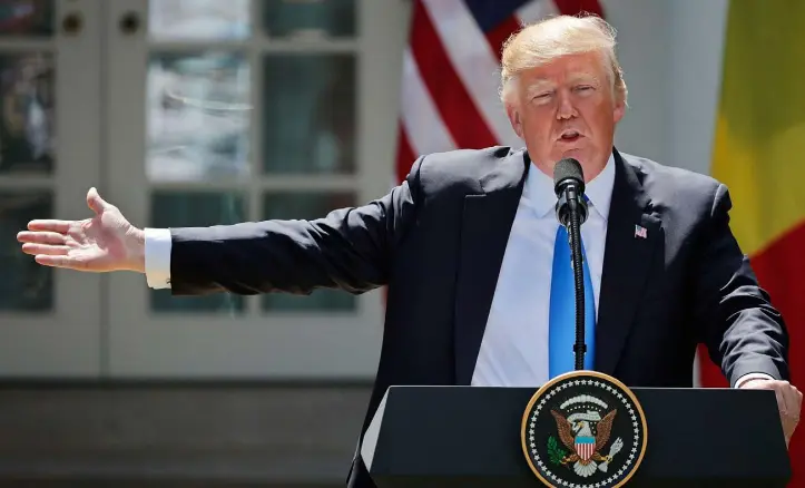  ??  ?? NO HINTS: US President Donald Trump swore that he would be saying nothing, then added: ‘Well, I’ll tell you about that maybe sometime in the very near future’. Photo: Chip Smodoville­a/Getty