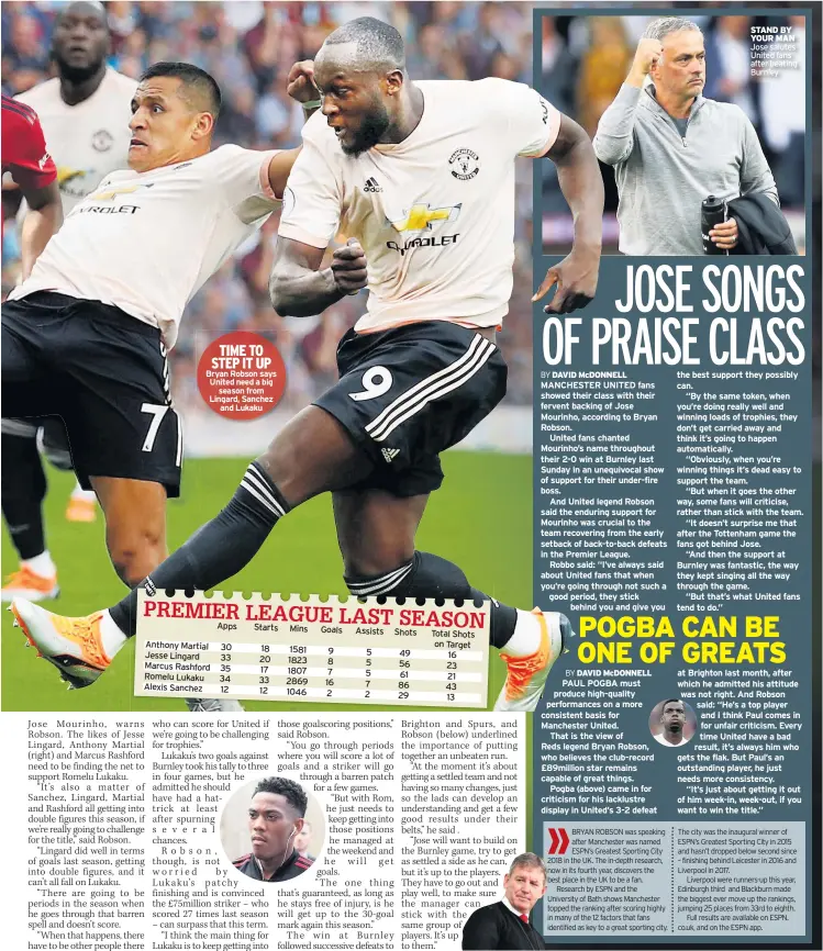  ??  ?? TIME TO STEP IT UP Bryan Robson says United need a big season from Lingard, Sanchez and Lukaku STAND BY YOUR MAN Jose salutes United fans after beating Burnley