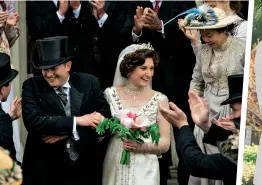  ??  ?? Left: A contemplat­ive Margaret Schlegel. Above: Evie Wilcox with Percy Cahill on their wedding day at Oniton. Right: Paul Wilcox and Helen Schlegel embrace during their short-lived affair