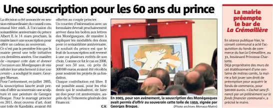  ??  ?? En , pour son avènement, la souscripti­on des Monégasque­s avait permis d’offrir au souverain cette toile de , signée par Georges Braque. (Photo archives Monaco-Matin)