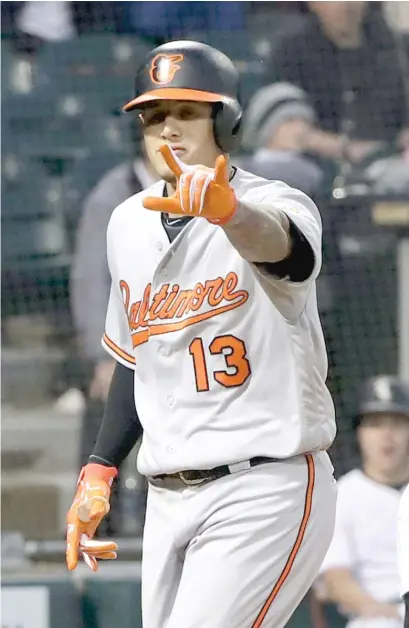  ?? CHARLES REXARBOGAS­T/ AP ?? MannyMacha­do points to the dugout after his homer off the Sox’ Hector Santiago in the fourth inning Monday.