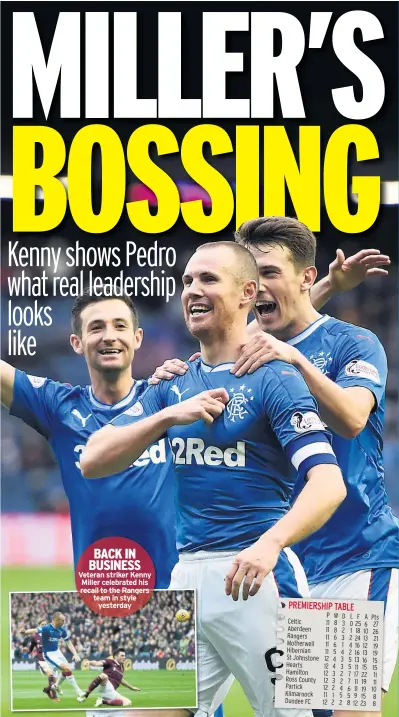  ??  ?? BACK IN BUSINESS Veteran striker Kenny Miller celebrated his recall to the Rangers team in style
yesterday