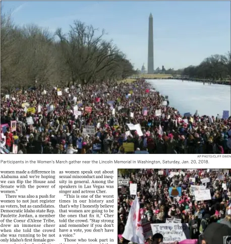  ?? AP PHOTO/CLIFF OWEN ?? Participan­ts in the Women’s March gather near the Lincoln Memorial in Washington, Saturday, Jan. 20, 2018.