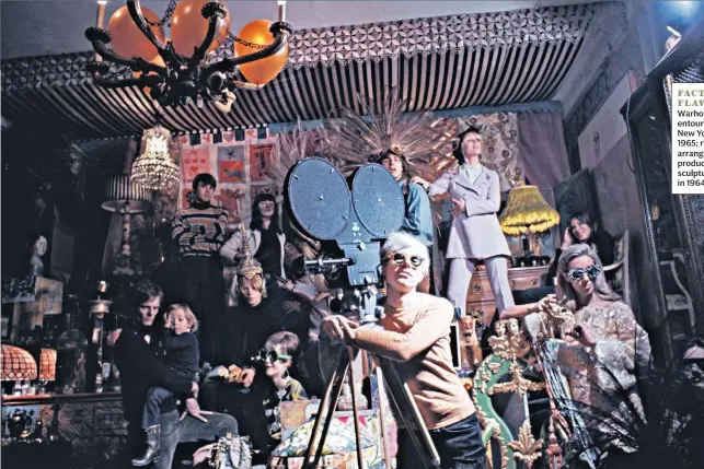  ??  ?? FACTORY FLAWS Warhol and entourage in New York in 1965; right, arranging product box sculptures in 1964