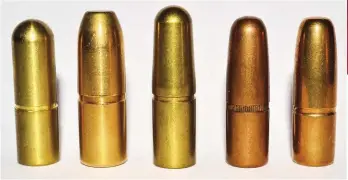  ??  ?? LEFT: Modern bullets such as these monolithic and steel-jacketed solids are hard, have long bearing surfaces (note the lack of grooves to minimize pressure) and subject the barrels of old doubles to pressures they can’t handle.