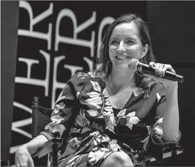  ?? YOUNGRAE KIM/FOR THE CHICAGO TRIBUNE ?? Rebecca Makkai speaks before receiving the Chicago Tribune’s 2019 Heartland Prize for Fiction for her novel “The Great Believers” during the Chicago Humanities Festival at Northweste­rn University on Oct. 27, 2019.