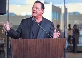  ?? ARIEL COBBERT/COMMERCIAL APPEAL ?? WWE Hall of Famer Jerry Lawler speaks at the grand opening for the Hyatt Centric hotel at One Beale Street in 2021.