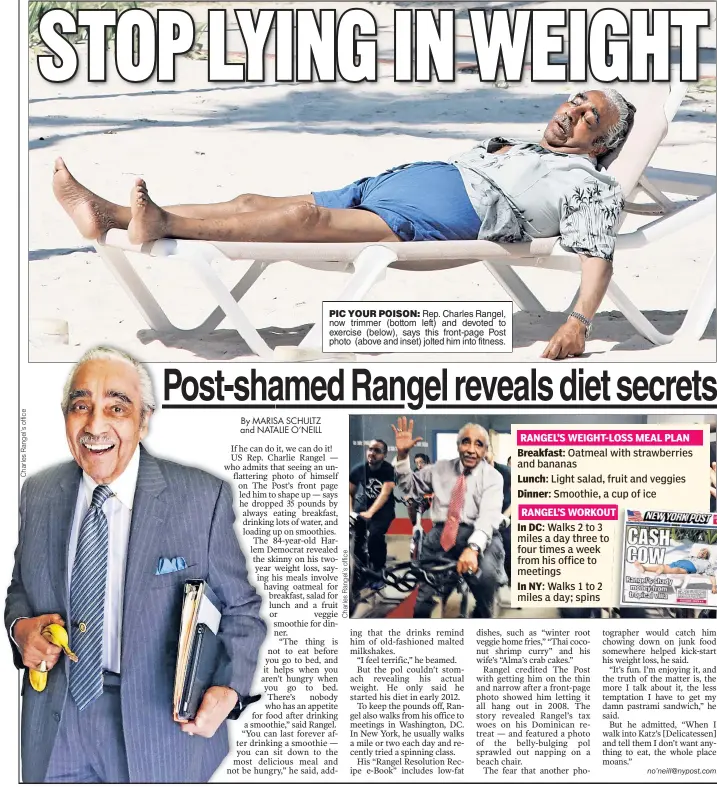  ??  ?? PIC YOUR POISON: Rep. Charles Rangel, now trimmer ( bottom left) and devoted to exercise ( below), says this front- page Post photo ( above and inset) jolted him into fitness.