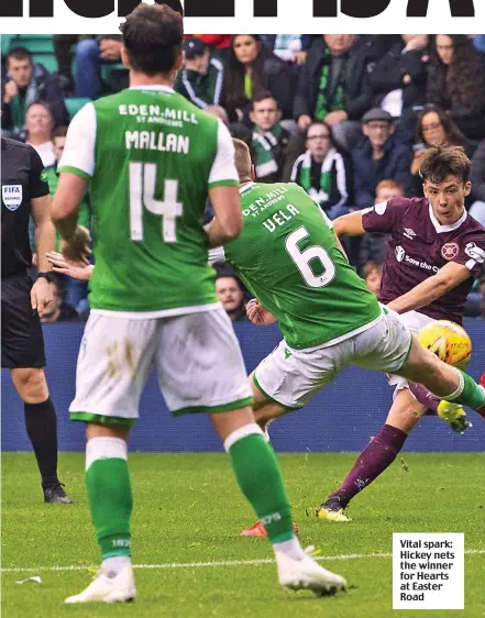  ??  ?? Vital spark: Hickey nets the winner for Hearts at Easter Road