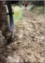  ?? CAREY J. WILLIAMS — THE ASSOCIATED PRESS ?? Clay sticking to a bike tire after a rainstorm on the Maah Daah Hey Trail near Medora, North Dakota as Ryan Johnson is returning to his riding group to give a trail-conditions update. Local mountain bikers describe the clay as riding through peanut...