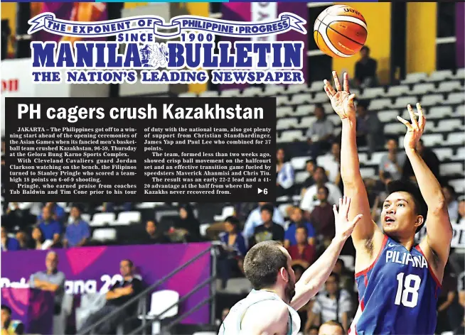  ?? (AFP) ?? BACK IN FORM – James Yap, shown shooting over a Kazakh player, found his old form, contributi­ng 12 points in the Philippine­s’ 96-59 drubbing of Kazakhstan Thursday.