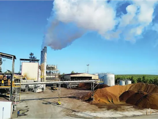  ?? JULIO MARTÍNEZ ?? Vista de una planta extractora de aceite de orujo, con el vapor de agua producto del secado del OGH saliendo por las chimeneas