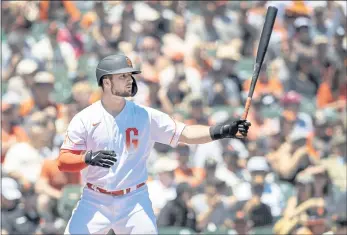  ?? KARL MONDON — BAY AREA NEWS GROUP, FILE ?? The Giants’ Joey Bart takes his first at-bat against the Nationals after getting called up from the minors on July 10.