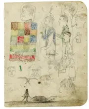  ?? ALL IMAGES COURTESY MANITOBA MUSEUM ?? BELOW (LEFT) Untitled(Quilt, cached caribou carcass and multiple figures that may include Reverend Marsh and Winifred Marsh)Late 1930sGraph­ite and wax crayon 20 × 16 cm