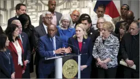  ??  ?? Houston Mayor Sylvester Turner speaks during a news conference opposing a proposal to place immigrant children separated from their parents at the border in a facility just east of downtown Tuesday in Houston. BRETT COOMER/HOUSTON CHRONICLE VIA AP