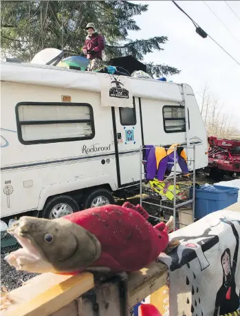  ?? JONATHAN HAYWARD/THE CANADIAN PRESS ?? A group of protesters, including Uni, pictured in January, has been blocking the road entrance at Kinder Morgan’s Westridge Terminal in Burnaby intermitte­ntly for six weeks.