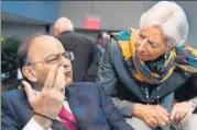  ?? REUTERS ?? Finance minister Arun Jaitley and Internatio­nal Monetary Fund managing director Christine Lagarde attend the annual meetings of the IMF and World Bank in Washington on Saturday.