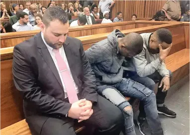  ?? PICTURE: RAAHIL SAIN AFRICAN NEWS AGENCY (ANA) ?? GUILTY: Christophe­r Panayiotou, Sinethemba Nenembe and Zolani Sibeko listen as judgment was handed down in the Port Elizabeth High Court last year.