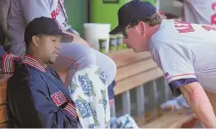  ??  ?? DID WE JUST BECOME BEST FRIENDS? Pedro Martinez, showing his usual affinity for future manager Joe Kerrigan, in 2000.