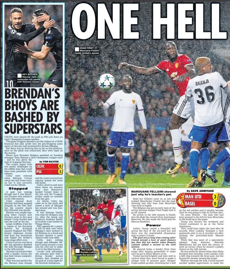  ??  ?? NEY BOTHER: Neymar (left) celebrates his opener with Edinson Cavani HEAD FIRST: Marouane Fellaini heads United’s opener TWO EASY: Romelu Lukaku heads the second