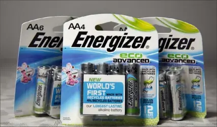  ?? Jeff Roberson/Associated Press ?? Energizer EcoAdvance­d batteries at the company's headquarte­rs in St. Louis in 2015.