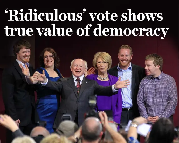  ??  ?? ENCORE FOR THE PRESIDENT? Michael D Higgins and his wife Sabina celebrate his 2011 presidenti­al win with their children (from the left) Michael, Alice Mary, John and Daniel